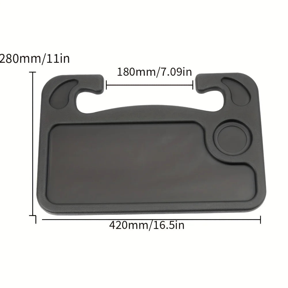 Measurement chart of a black tray with dimensions labeled in millimeters and inches.