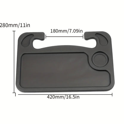 Measurement chart of a black tray with dimensions labeled in millimeters and inches.