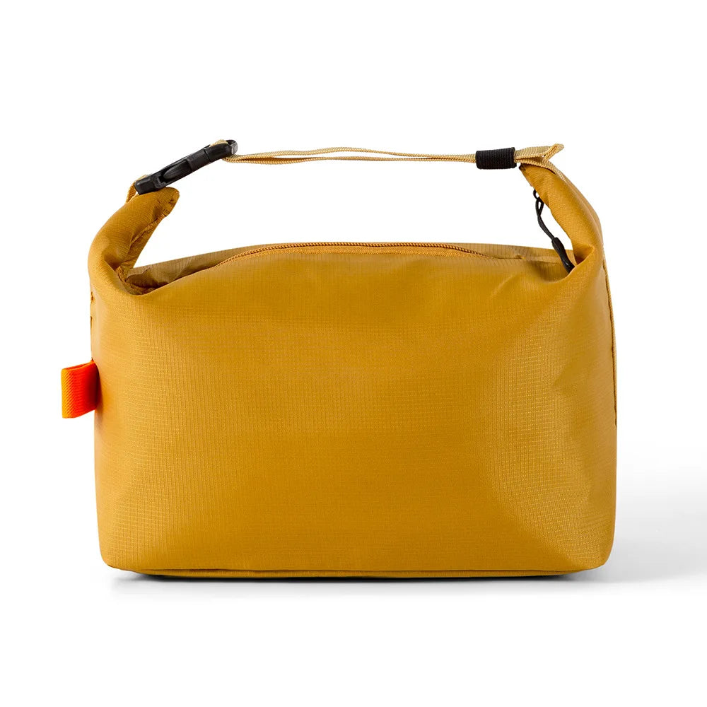 Yellow bag with a black strap and orange tag on a white background